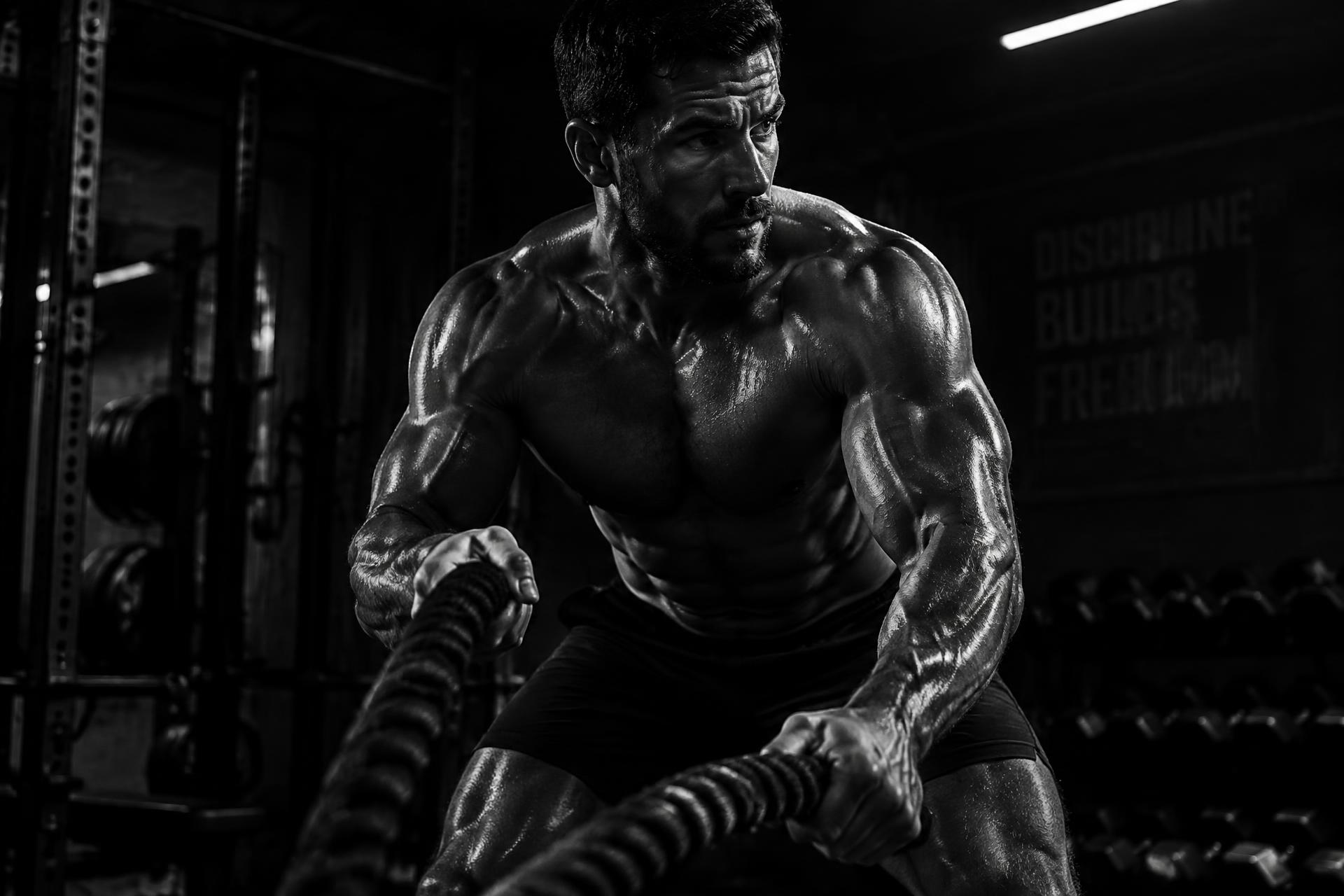 Athlete training in a dark gym